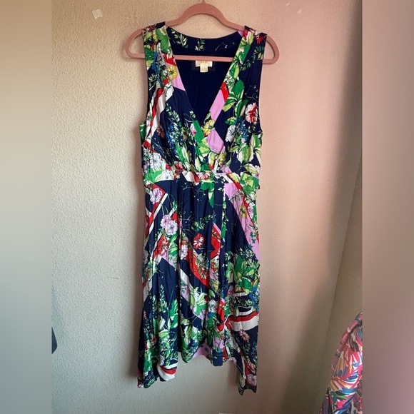 Maeve Anthropologie Spirited Navy Floral Stripe Print Faux Wrap Midi Dress 16 - Picture 3 of 13